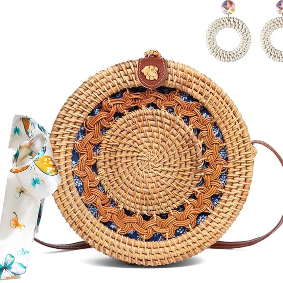 Rattan Straw Bag Handmade Woven Round Summer Beach Crossbody Shoulder - Picture 1 of 8